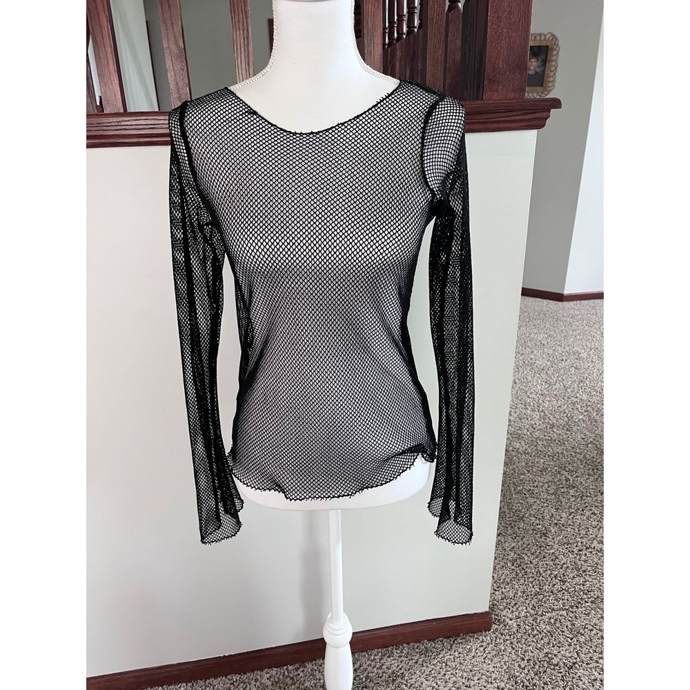Embassy Black Fishnet Long Sleeve Mesh Top Sheer Grunge Gothic Women Small
